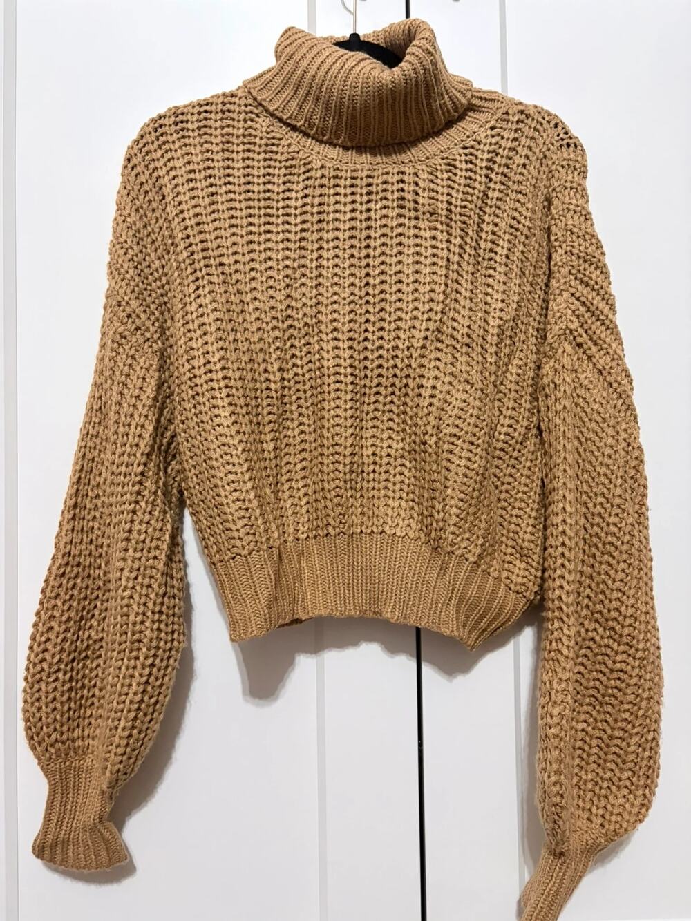 Cozy Minimalist Oversized Turtleneck Knit Sweater Tan Brown One Size